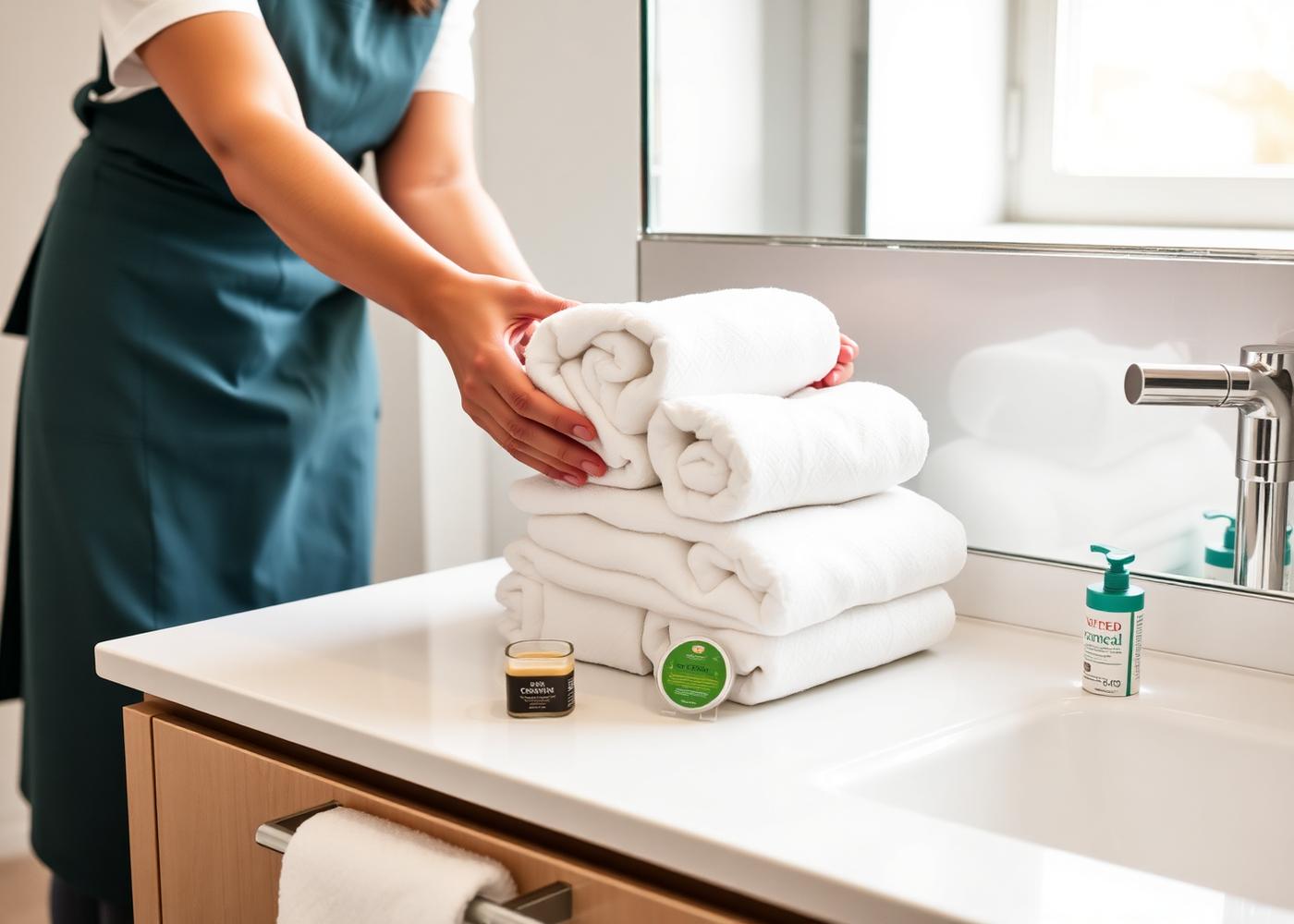 Linge propre et consommables réapprovisionnés dans une salle de bains Airbnb